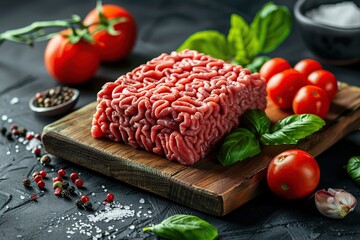 Raw minced meat, forcemeat on black stone background, spices, tomato, herbs. Prime ground meat....
