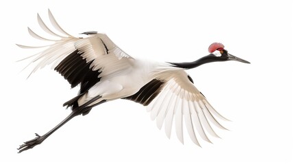 solitary Red-Crowned Crane on White
