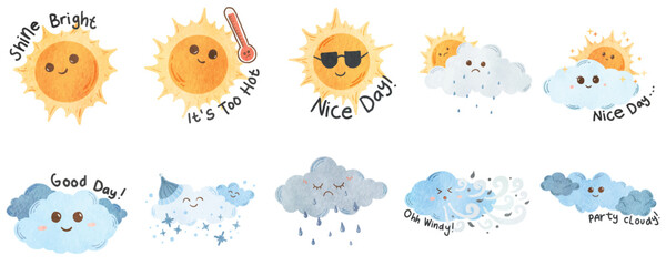 Weather icons set in line style, Weather isolated on white background. Clouds logo and sign, watercolor illustration