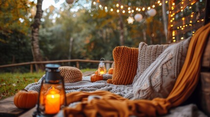 Cozy Autumn Evening on Outdoor Patio with Warm Blankets and Pumpkins. Generative ai