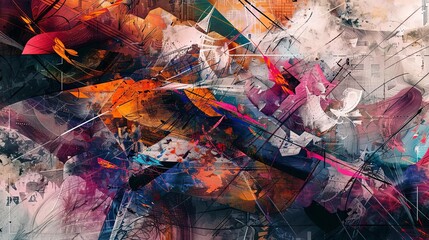 a colorful abstract painting featuring a variety of shapes and sizes, including a square, triangle,