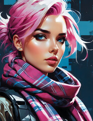 Very detailed portrait of a beautiful girl, blue eyes, tartan scarf, white-pink hair.