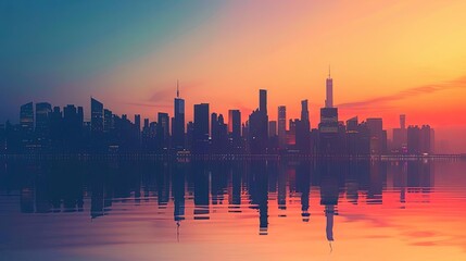 a serene cityscape reflected in calm waters under a vibrant orange sky