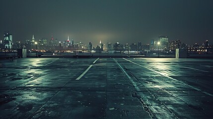Fototapeta premium Urban Twilight Serenity: Discover serenity amidst the urban hustle and bustle with a tranquil scene of a dark concrete runway street floor under the tranquil night sky horizon