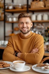 Bearded man enjoying coffee at table in cafe with blurred background, copy space available