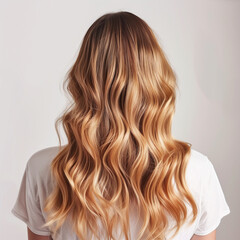 Fototapeta premium Studio photo of shiny wavy balayage hair displayed against a white background, highlighting the elegant blend of colors and the lustrous, flowing waves of the hairstyle. 