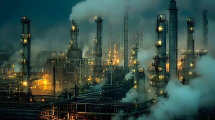 An industrial symphony of pipes and smoke against a twilight canvas