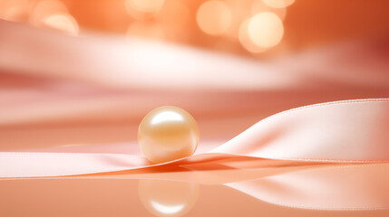 Pearl on a pink velvet ribbon, over an abstract background with Peach Fuzz color gradient