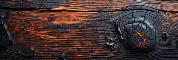 Aged and shabby surface of a charred wooden board with smoky remains