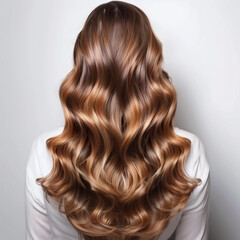 Fototapeta premium Studio photo of shiny wavy balayage hair displayed against a white background, highlighting the elegant blend of colors and the lustrous, flowing waves of the hairstyle. 