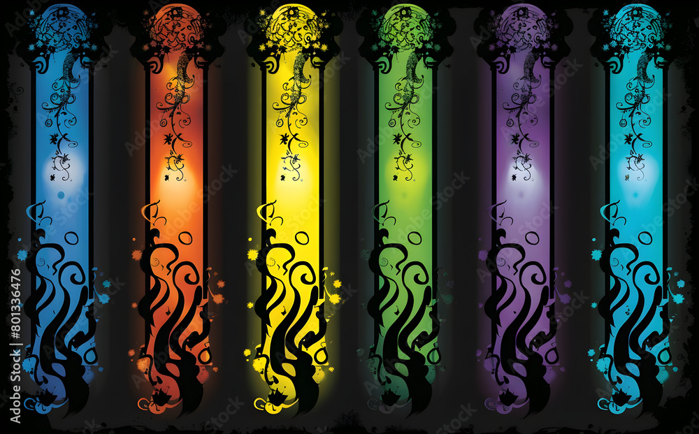 Aufkleber a series of colorful banners with a dark background. the banners are arranged in a row and each one 