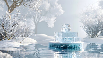 2 stacks mockup of  Blue Ice Podium, crystal clear, front view focus, amidst a Snowy Winter, magical and serene for cool tone products, banner for advertising