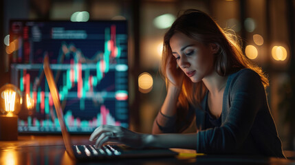A woman sitting at her laptop, surrounded by stock market charts and graphs on the screen, focused in deep thought as she reads about rising stock prices