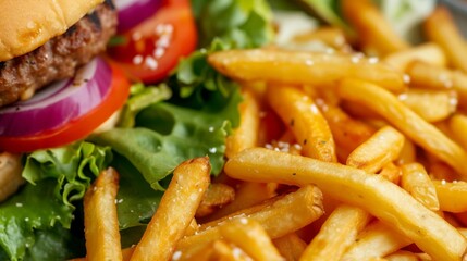 French fries and a freshly prepared hamburger served with a bright green salad