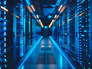 A secure data center with rows of servers under blue lights, emphasizing scale and security