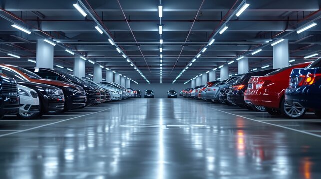 Underground atmosphere of the garage cars parked in designated areas