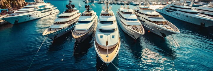Seaport in Monte Carlo, with a group of extravagant yachts anchored in the harbor