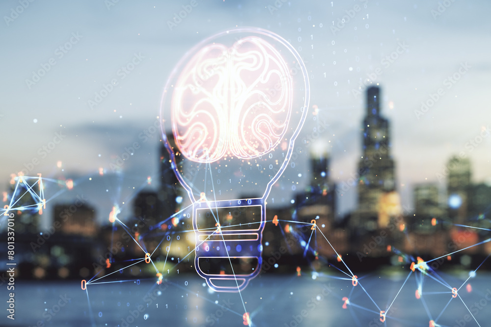 Poster abstract virtual creative light bulb with human brain hologram on blurry office buildings background