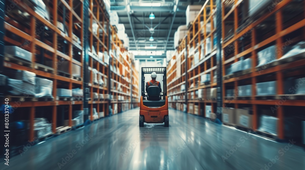 Poster smart warehouse worker or operator driving forklift and lifted product surrounded with box at storag