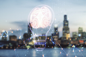 Abstract virtual creative light bulb with human brain hologram on blurry office buildings background, artificial Intelligence and neural networks concept. Multiexposure
