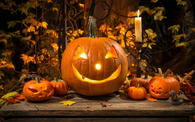 Spooky Halloween atmosphere with a carved pumpkin lantern lit by candles.