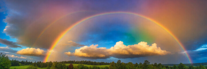 Rainbow in the sky over the forest. Panoramic image