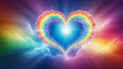 Rainbow heart with sun rays and clouds, valentine background