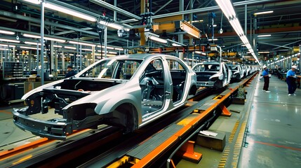 Cars in production on an assembly line at a factory
