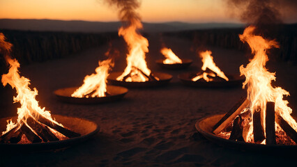 Burning bonfires in the desert at sunset, shallow depth of field
