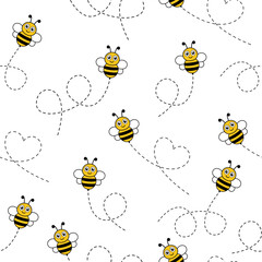 Cute flying bees with dotted path seamless pattern. Cartoon bees with big eyes. Vector illustration.