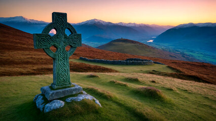 Stone Celtic cross on top of a hill