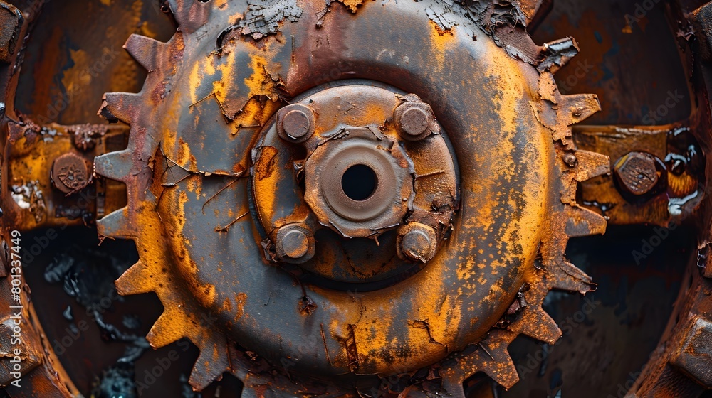 Poster intricate metallic cogs and gears in monochrome with rusty accents