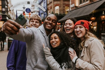 Fototapeta premium Happy diverse friends taking selfies in the city