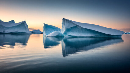 Icebergs in a calm sea at sunrise