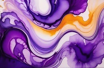 Alcohol ink art full frame background. Currents of purple gold hues, stains, golden swirls, soft color free-flowing textures. Natural aquarelle abstract fluid painting. Can be used as vertical poster
