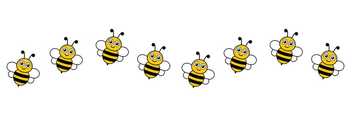 Cartoon flying bees swarm. Happy. bumblebees group. Vector illustration isolated on white.