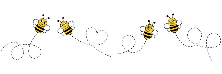 Cute happy bees set. Bee flying on dotted route. Vector illustration isolated on white background.