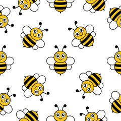 Happy flying bees seamless pattern. Cartoon bees with big eyes. Vector illustration on white.