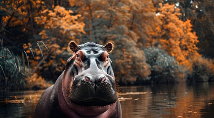 close-up photo of a hippopotamus in a pond in a lake in a national park, bokeh, background blur - Powered by Adobe