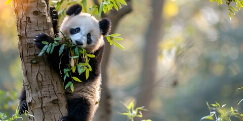 photo of a panda in wildlife in a bamboo forest national park, bokeh, background blur; 