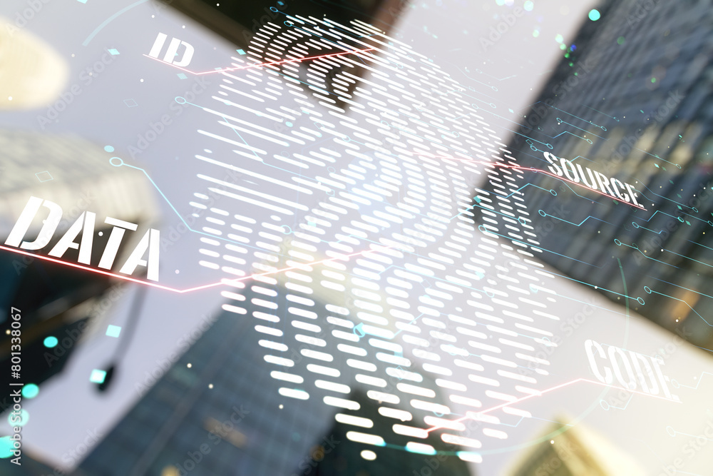 Aufkleber multi exposure of virtual creative fingerprint hologram on modern skyscrapers background, personal b