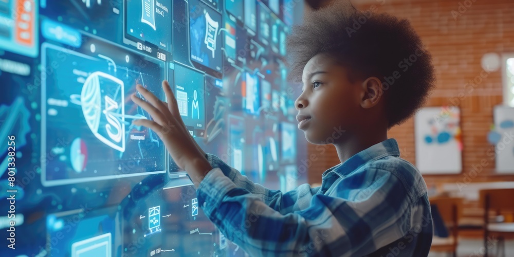 Poster skilled teacher teaching ai to diverse elementary student at digital classroom. smart multicultural 