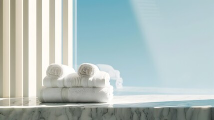 Elegant Towels Arranged on Marble Windowsill with Sunlit Sky Backdrop in Minimalist,High-Key Style