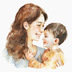 Colorful illustration of Mother and son hugging in watercolor painting style - ai generative