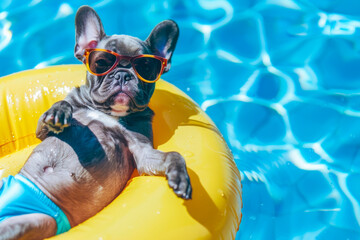 French bulldog lounges on a yellow inflatable ring in a pool. The bulldog wears sunglasses, chilling out and enjoying a sunny summer day. Close up,copy space. Concept of vacation and summer holidays.