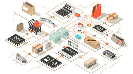 Obraz premium A graphic image of teenagers engaging in online shopping activities using computers or mobile phones and a shopping basket.