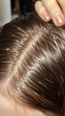 Obraz premium Close-up photograph of a greasy scalp, focusing on the oily hair roots, providing a detailed view of the scalp condition typically associated with excess sebum production. 