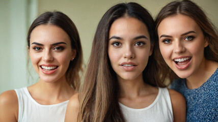 young adult woman and excited funny friends making fun and jokes, a little annoyed, typical group of girls and best friends, joker and joker, women as friends