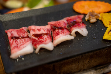 Akita Wagyu beef sliced on the grill