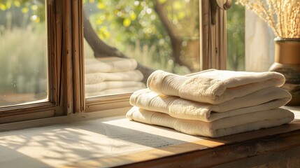 Eco-Friendly Bamboo Towels Illuminated by Natural Sunlight on Antique Window Sill